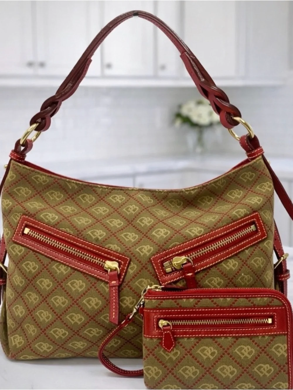 Dooney & Bourke DB Monogram Hobo + Matching Wristlet Set Red Trim
